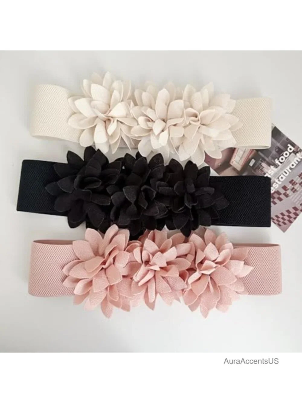 Womens Floral Bow Wide Elastic Waist Stretch Cinch Belt Faux Leather